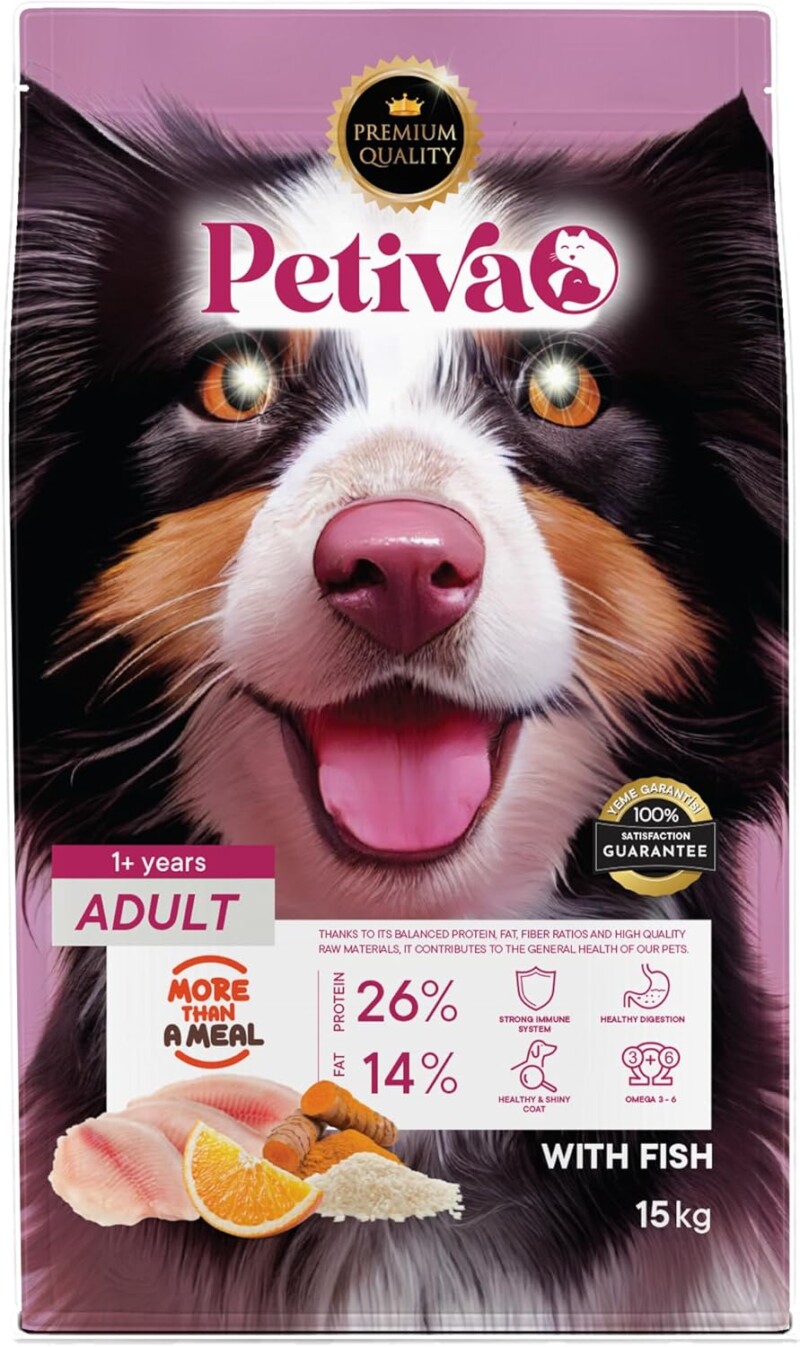 Petiva Premium 15 kg balıklı kuru köpek maması paket ambalaj görseli
