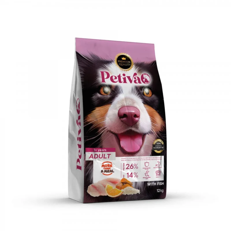 Petiva Premium 12 kg balıklı kuru köpek maması paket ambalajı