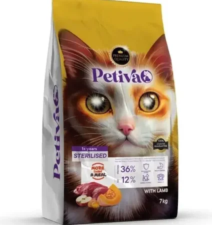 Petiva Premium kısırlaştırılmış kuzu etli kuru kedi maması 7 kg paket ambalaj görseli