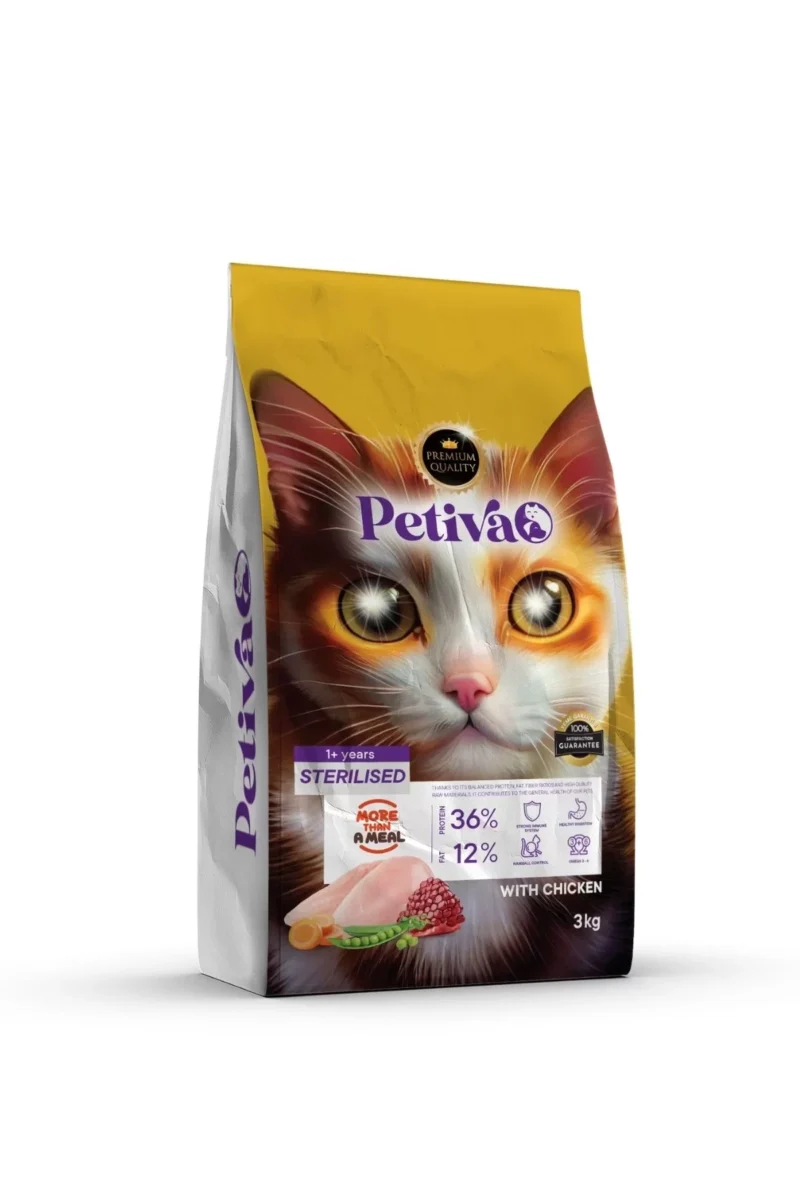 Petiva Premium yetişkin kediler için tavuklu kuru kedi maması 3 kg paket ambalaj görseli