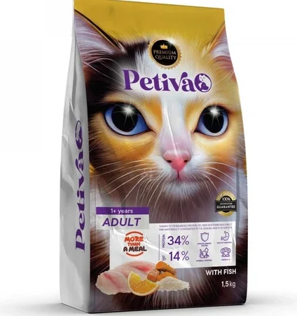 Petiva Premium yetişkin kediler için balıklı kuru kedi maması 1,5 kg paket ambalaj görseli