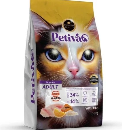 Petiva Premium yetişkin kediler için balıklı kuru kedi maması 3 kg paket ambalaj görseli