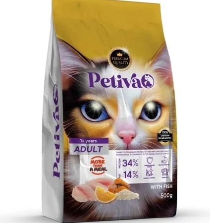 Petiva Premium yetişkin balıklı kuru kedi maması 0,5 kg paket ambalaj görseli