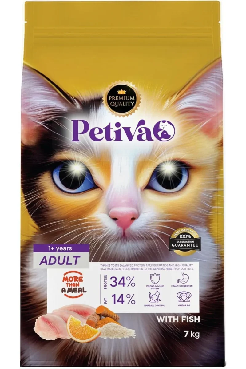 Petiva Premium yetişkin kediler için balıklı kuru kedi maması 7 kg paket ambalaj görseli