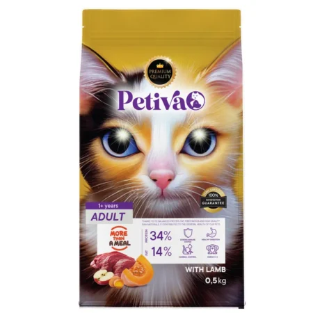 Petiva Premium yetişkin kediler için kuzulu kuru kedi maması 0,5 kg paket ambalaj görseli
