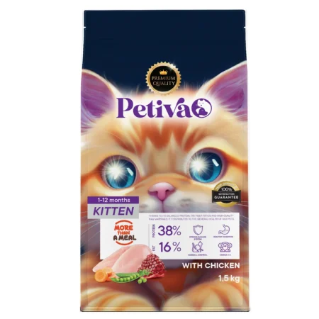 Petiva Premium yavru tavuklu kuru kedi maması 1,5 kg paket ambalaj görseli