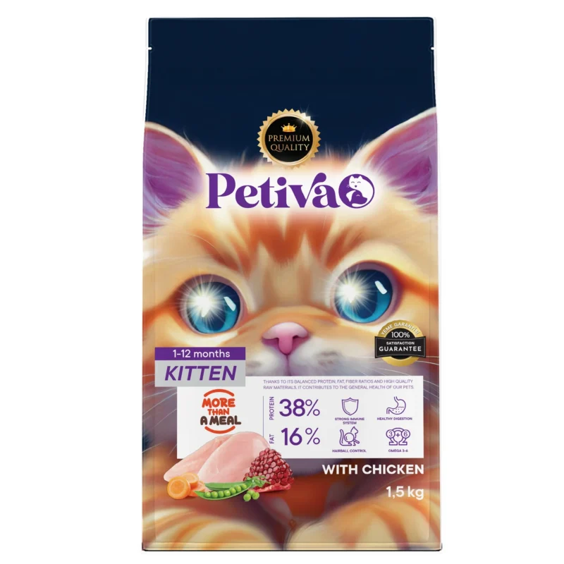 Petiva Premium yavru tavuklu kuru kedi maması 1,5 kg paket ambalaj görseli