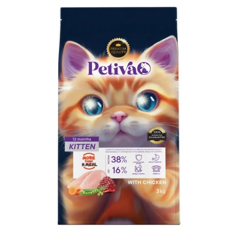 Petiva Premium yavru tavuklu kuru kedi maması 3 kg paket ambalaj görseli