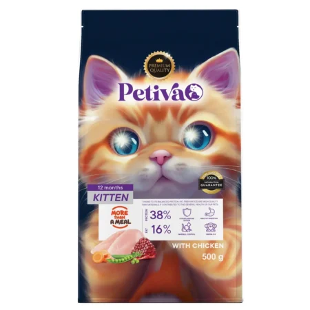 Petiva Premium yavru tavuklu kuru kedi maması 500 g paket ambalaj görseli