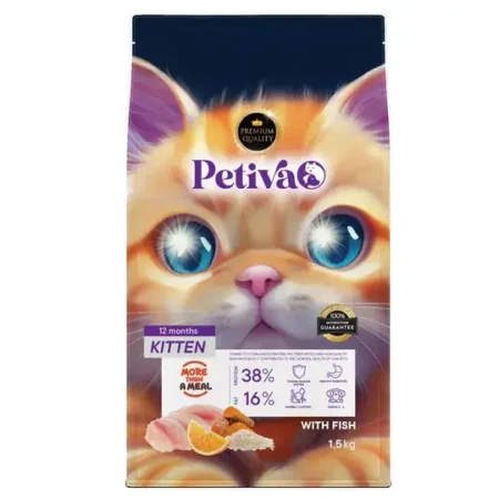 Petiva Premium balıklı yavru kedi maması 1,5 kg paket ambalaj görseli