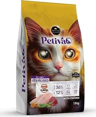 Petiva Premium kısırlaştırılmış tavuklu kuru kedi maması 1,5 kg paket ambalaj görseli