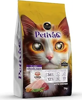 Petiva Premium kısırlaştırılmış tavuklu kuru kedi maması 3 kg paket ambalaj görseli