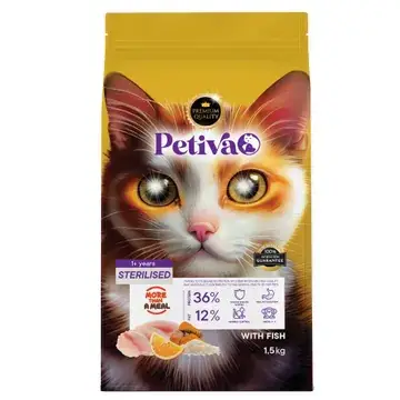Petiva Premium kısırlaştırılmış yetişkin kediler için balıklı kuru mama 1,5 kg paket ambalaj görseli