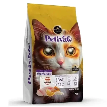 Petiva Premium kısırlaştırılmış balıklı kuru kedi maması 7 kg paket ambalaj görseli