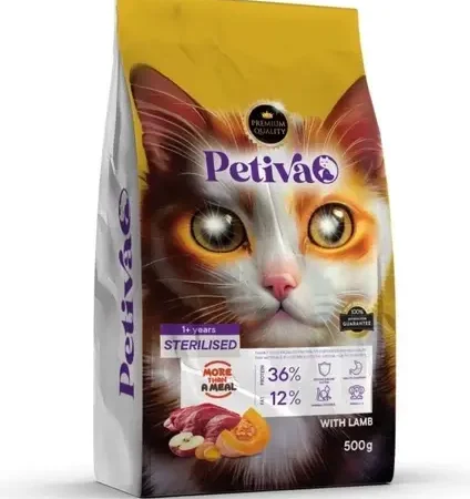 Petiva Premium kısırlaştırılmış tavuklu kuru kedi maması 500 g paket ambalaj görseli