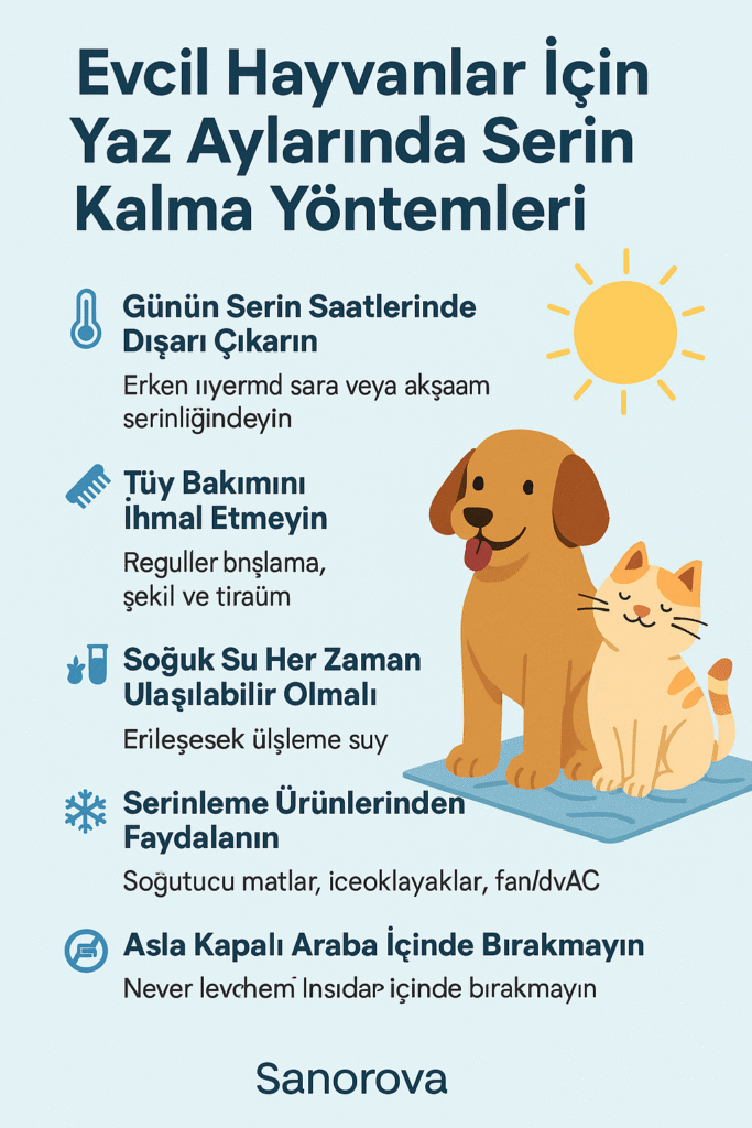 Evcil hayvanlar için yaz aylarında serin kalma yöntemlerini anlatan Türkçe infografik. Güneşli bir arka planda soğutucu mat üzerinde oturan mutlu kedi ve köpek illüstrasyonu bulunuyor.