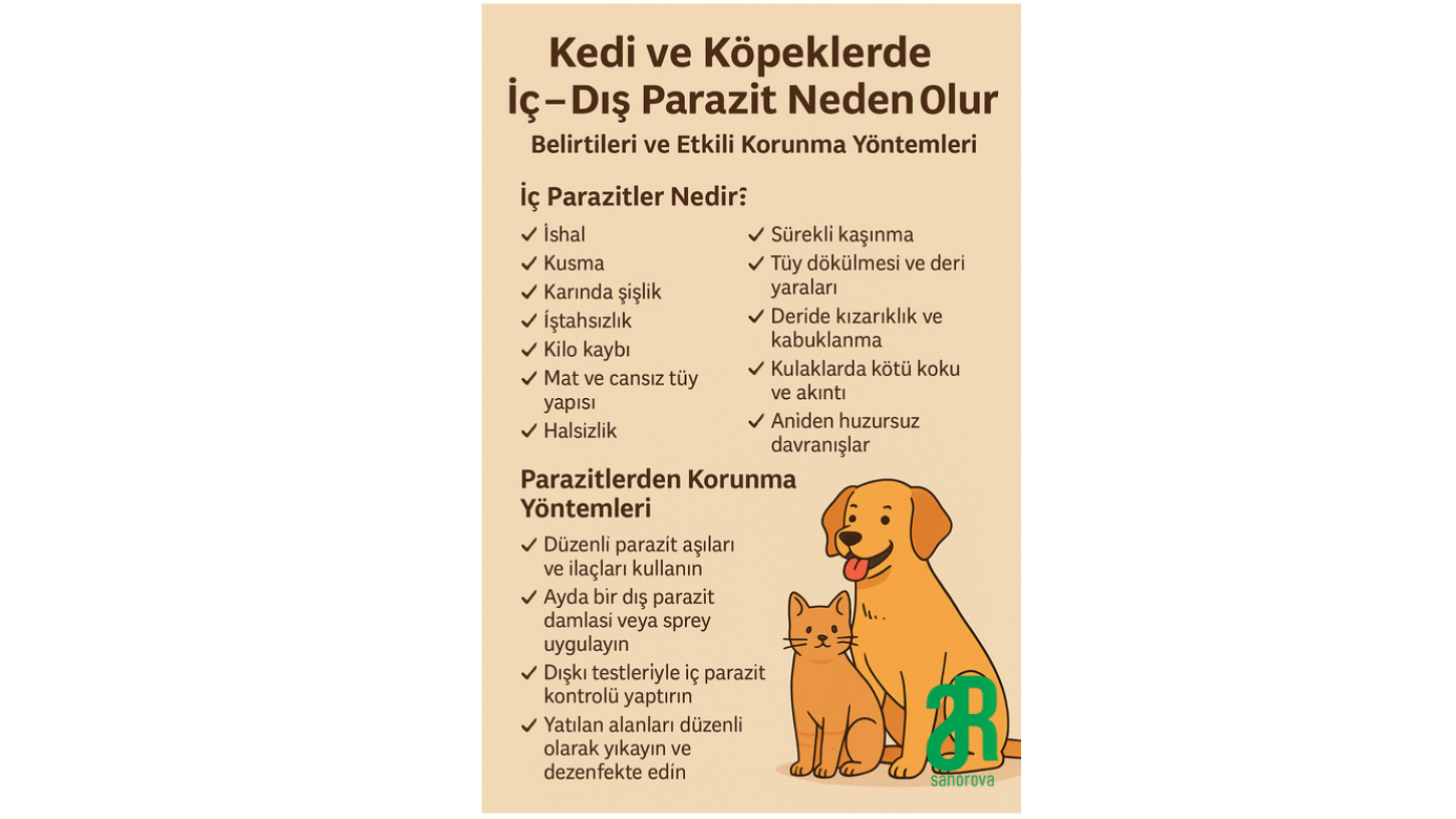 Kedi ve köpeklerde iç ve dış parazit belirtileri ile korunma yöntemlerini gösteren bilgilendirici infographic. Yanında sevimli bir köpek ve kedi illüstrasyonu bulunuyor.